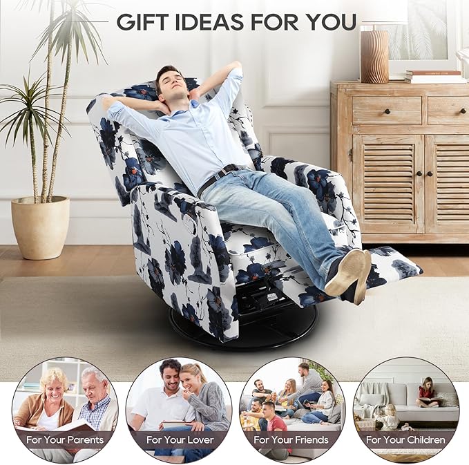 Floral Accent Swivel Rocker Recliner Wingback Recliner Chair with Padded Seat High Back Upholstered Armchair for Living Room Bedroom Home Ofiice Blue Ink Floral (Blue Ink Swivel)