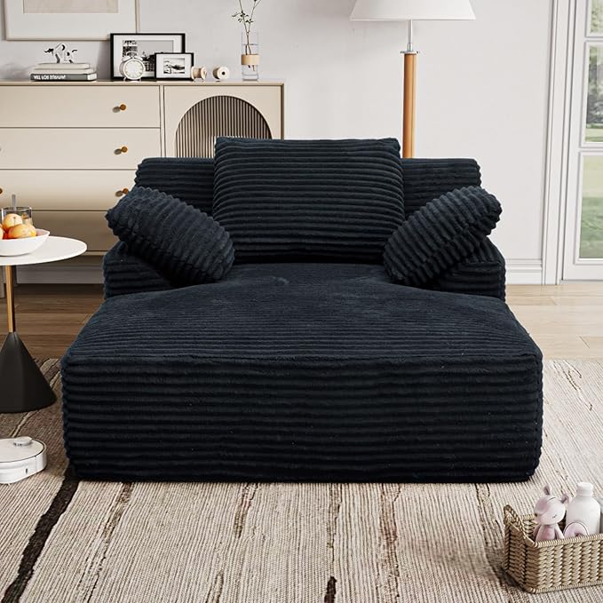 65.3'' Oversized Lounge Chaise Couch with Square Armrest Boneless Chaise Lounge with Cushions Corduroy Single Sofa Chair with 2 Pillows No Assembly for Living Room Apartment Black