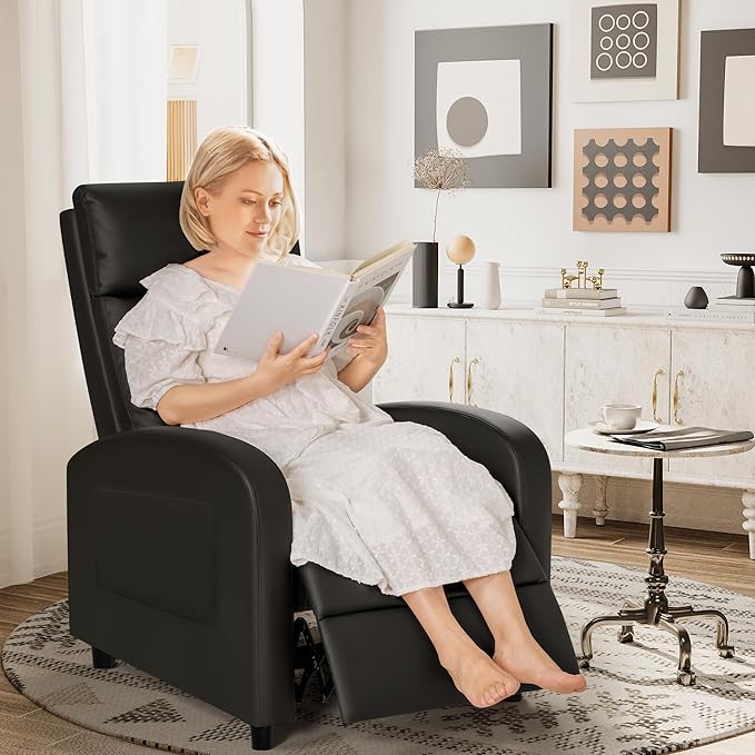 Rankok Recliner Chair Modern PU Leather Reclining Chair Ergonomic Adjustable Recliner for Living Room Home Theater Seating Single Sofa (Black)