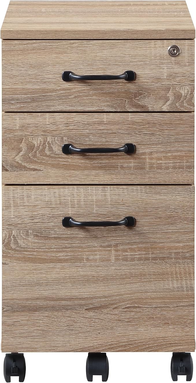 OSP Home Furnishings Ace 3-Drawer Mobile File Cabinet Full Extension Slides Key Lock System Rolling Casters 26.75x19x14 Inches River Oak Wood Finish