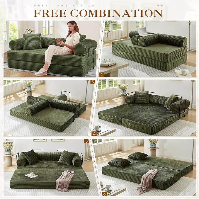78.5W Convertible Folding Sofa Bed Corduroy Upholstered Queen Size Foam Floor Couch with Fixed-Shaped Frame Loveseat Sleeper Compression Sofa Foldable Mattress for Living Room Bedroom(Green)