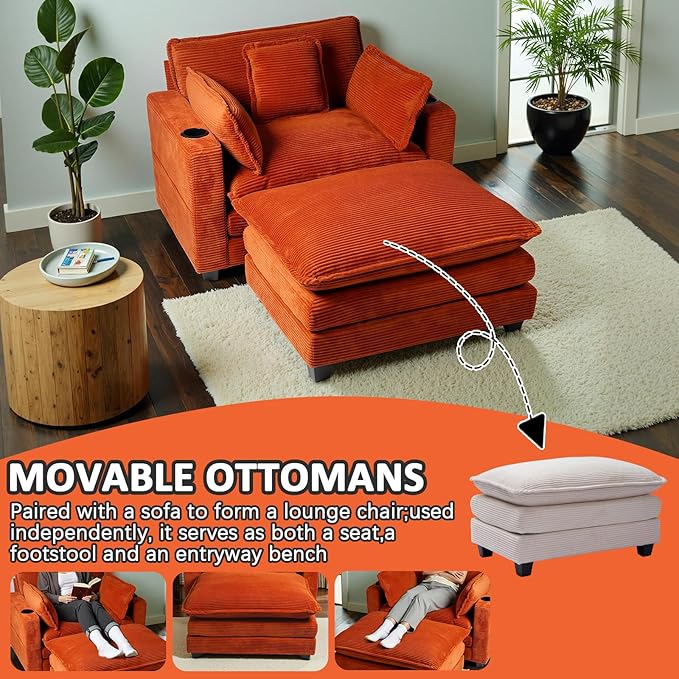 Oversized Chair with OttomanOversize Chaise LoungeReading Boneless Sofa BedChaise Lounge Chair Indoor with Side PocketSleeper Couch with USB&ampCup HolderCorduroy Sofa Couch for Living Room (Ora