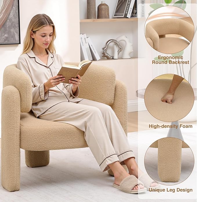 Accent Chairs Set of 2 Modern Sherpa Barrel Chairs Upholstered Living Room Chairs with 3 Legs Comfy Armchair Reading Side Chair for Bedroom Office Apartment Khaki
