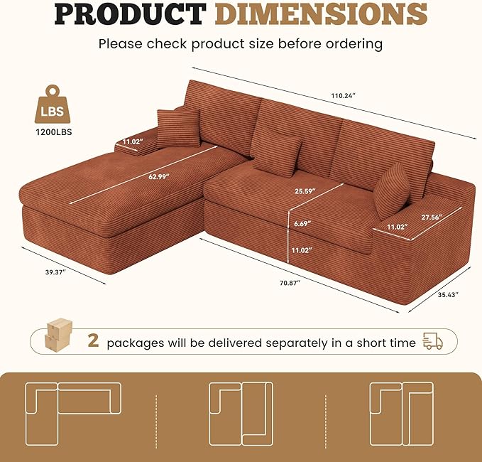 112 Modular Sectional Sofa for Living Room Convertible L-Shape Couch with OttomanCloud Boneless Couch with Layered CushionReddish Brown Corduroy