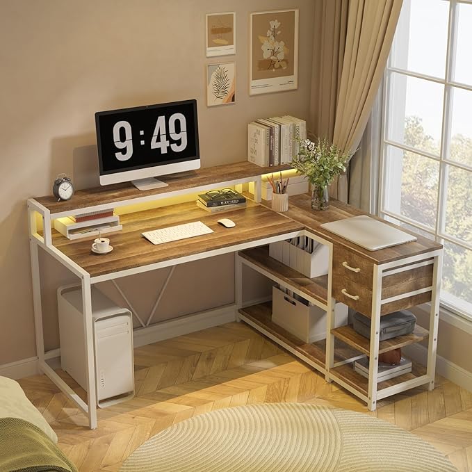 Tribesigns L Shaped Desk with Drawers and Storage Shelves Corner Home Office Desk with Monitor Stand 55 x 24 Desktop Computer Table Gaming Study for Small Space (Oak)