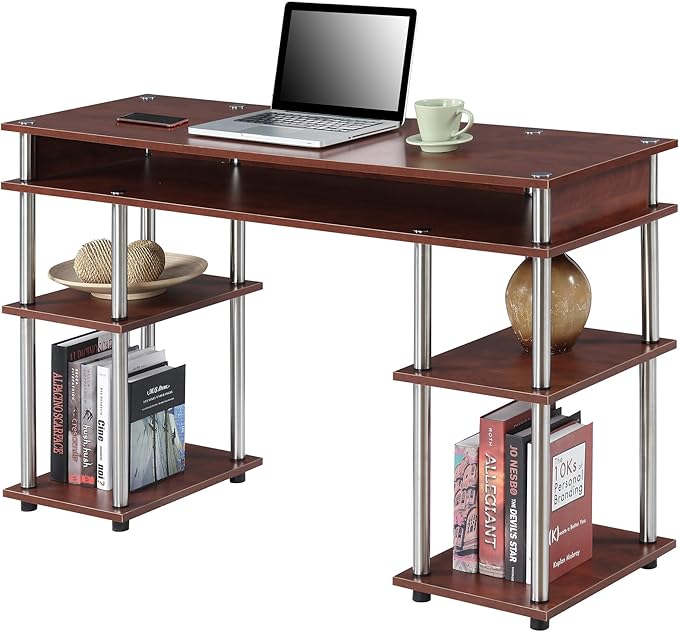 Convenience Concepts Designs2Go No Tools Desk Home Office Desk with Shelves Corner Shelf Vanity Desk Computer Desk Nail Table for Nail Tech - 47.25 L x 15.75 W x 30 H Cherry