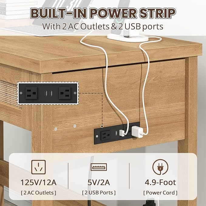 Rattan Computer Desk with 2 Drawers 39 Inch Small Desk with Power Outlets Farmhouse Boho Vanity Desks Compact Writing Study Table for Small Spaces Oak