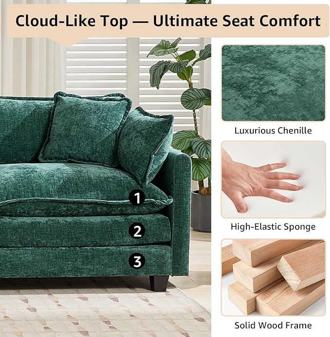 146.5 Green Modern Large Sectional Couches for Living Room Chenille Fabric Modular Sectional Sofa Oversized 4 Seater Cloud Couch for Apartment Deep Seat Sofas Set Sofa para Sala