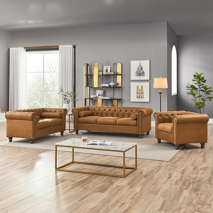 Air Leather Tufted Loveseat Couch Rolled Arm 2-Seater Sofa with Nailhead Trim and 2 Neck Roll Pillows Living Room Small Apartment Office Décor Brown