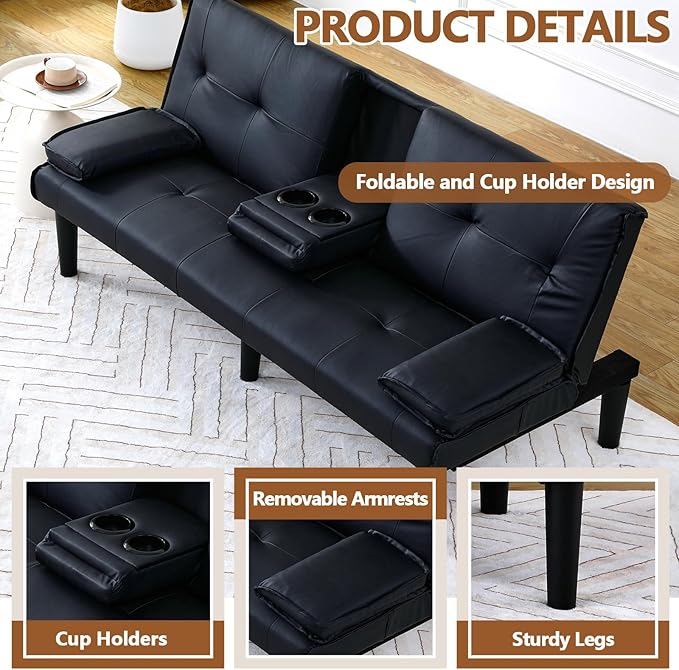 67” Futon Sofa Bed with Pillows Modern Convertible Futon Couch with 2 Cup Holders &amp Removable Armrests for Small Spaces Living Room Solid Wood Frame (Black-PU Leather)