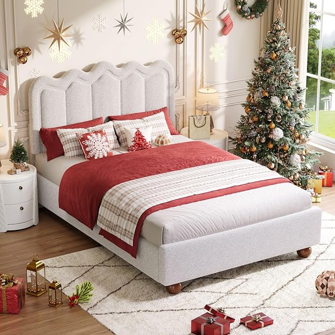 Queen Size Bed Frame with Headboard Boucle Bed Frame Soft Upholstered Platform Cloud Bedframe with Footboard Solid Wood Legs Solid Wooden Slats Support No Box Spring Required Easy Assembly