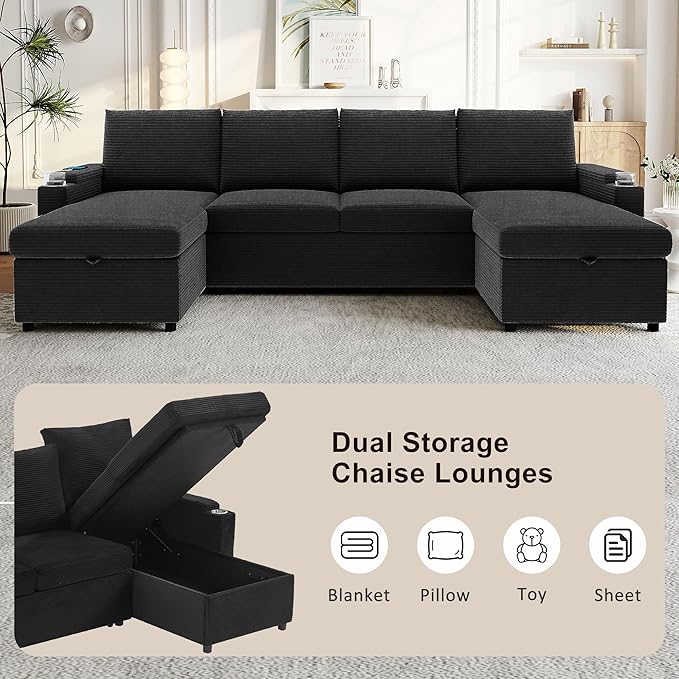 109.5 Sectional Sofa Convertible Pull-Out Sofa Bed with 2 Storage Chaise Lounges and Cup Holders Chenille Fabric U-Shaped Couch with Storage Boxes &amp USB Ports for Living Room (Black-9.19)