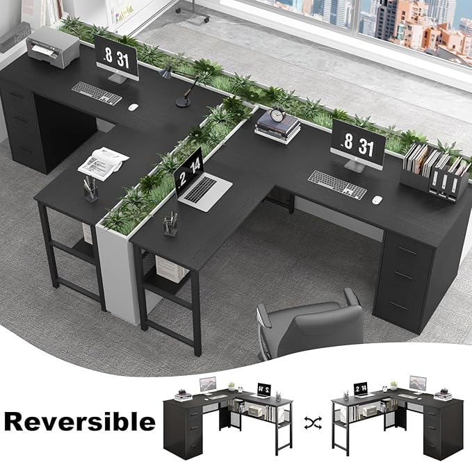 LVB Black L Shaped Desk Reversible Computer Office Desk with Drawers Modern Large L Shape Gaming Desk Table with File Cabinets Wood Executive Corner Desk with Storage Shelf for Bedroom 59 Inch