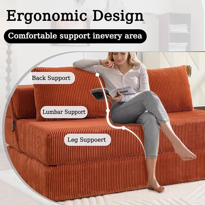55 Convertible Folding Sofa Bed with 2 Pillows Corduroy Foldable Sleeper Sofa for Adult Floor Couch Bed for Living Room Bedroom No Assembly (Orange)