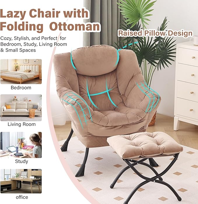 Lazy Chair with Ottoman Modern Accent Chair with Armrests and a Side Pocket Velvet Khaki Accent Chairs Reading Chairs Oversized Armchairs for Bedroom Study Living Room Courtyard