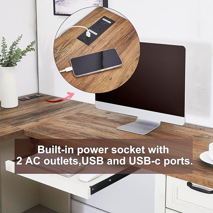 L-Shaped Executive Desk with Keyboard Tray 69” Farmhouse Corner Desk with Lockable Drawers Adjustable File Cabinet &amp Built-in Charging Station Rustic Home Office Desk (69)