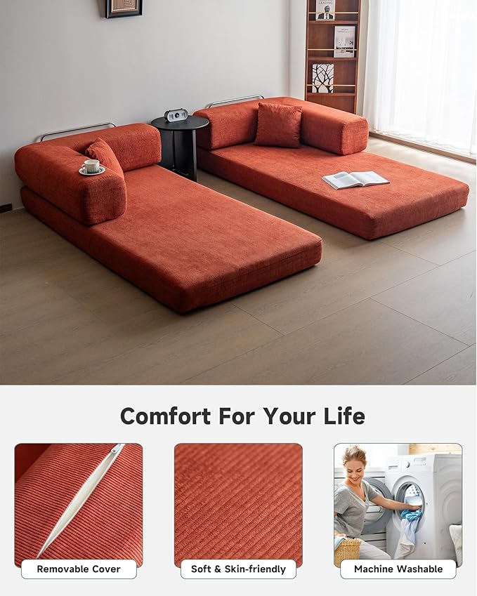 No Assembly Convertible Sofa Bed &amp 79 Boneless Couch with Pocket  5-in-1 Futon Sofa Bed with 2 Pillows Modular Pull Out Couch Bed with FrameCompression in Box for Living Room Small Spaces Orang