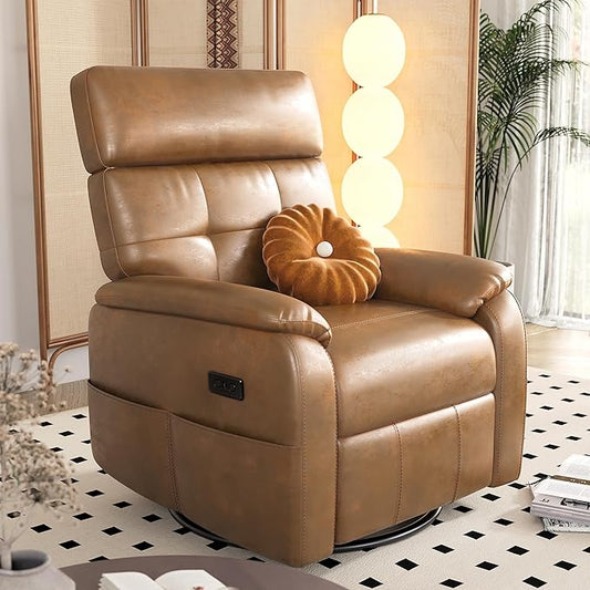 Claiks Power Swivel Rocker Recliner Chair Oversized Recliner Chairs for Adults PU Leather Overstuffed Reclining Chair with USB and Type-C Ports for Living Room Brown