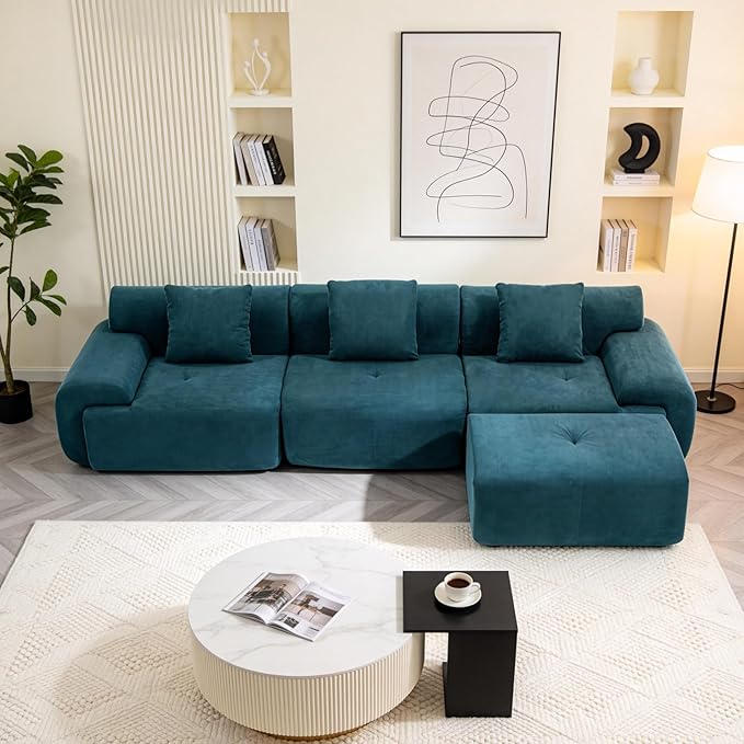 L-Shaped Boneless Modular Sectional Sofa Boneless Sectional Couch Oversized 3-Seater Cloud Couch with Deep Seat and Movable Ottoman for Living Room Apartment (Black 3 Seater with 1 Ottoman)