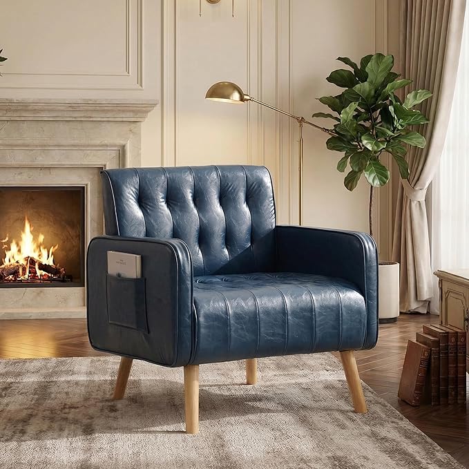 Leather Accent Chair Mid-Century Modern Tufted Living Room Chair with Wooden Legs and Pocket Cozy Office Reading Chair Comfy Reception Armchair for Living Room Waiting Room Bedroom