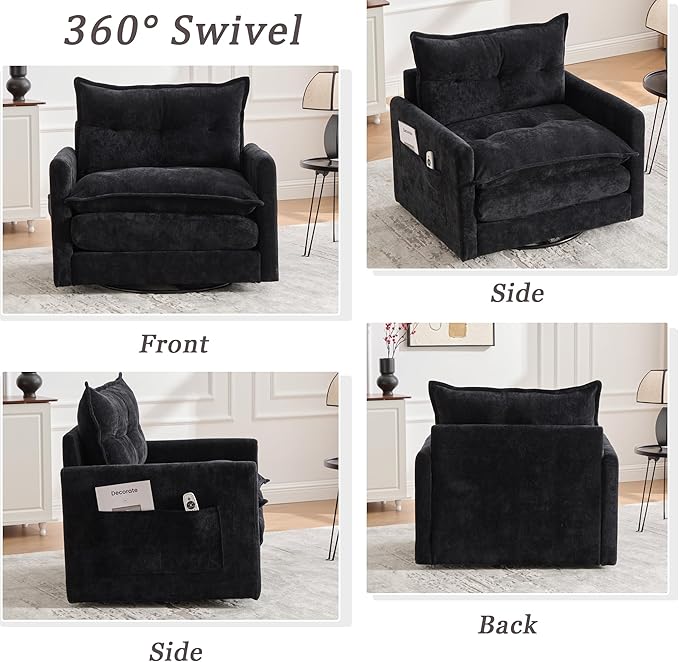 360° Swivel Accent Chair36.22” Swivel ArmchairSquare Accent Barrel Chair with Side Pockets - Upholstered Comfy Single Sofa Chair for Living Room Bedroom Reading Nook (Black)