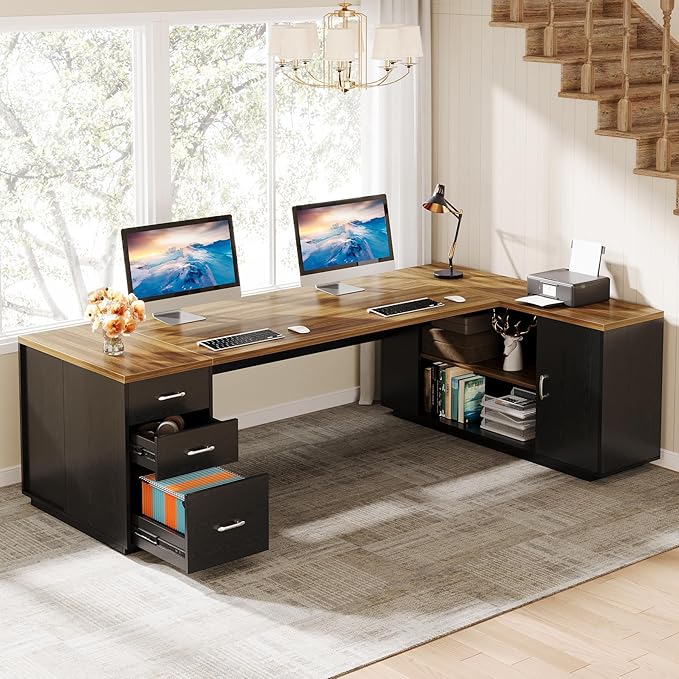 Tribesigns 85.8-Inch L-Shaped Executive Desk Extra Large Modern Office Desk with File Drawers Door Cabinet &amp Shelves Commercial Office Table Home Business Workstation Brown &amp Black