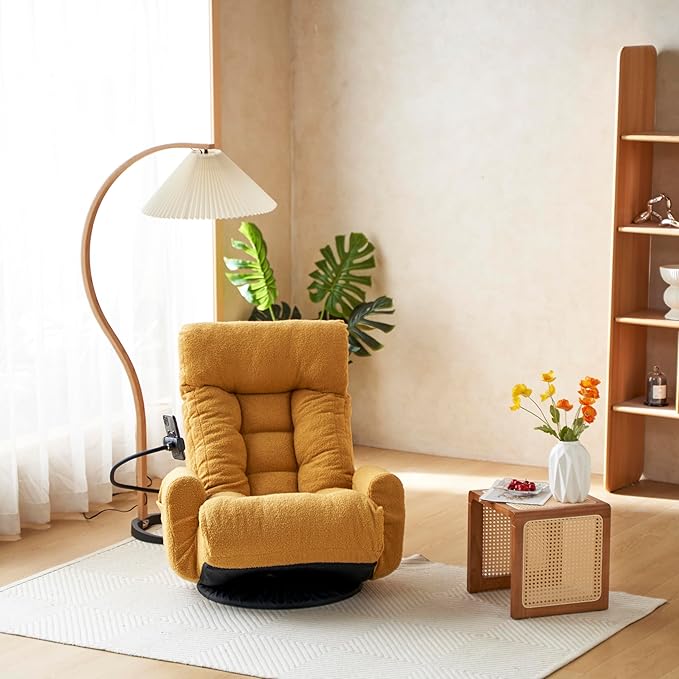 Gwen Upholstered 360° Swivel Chair Lounge Chair with Adjustable Backrest/Headrest Metal Frame Living Room Lounge Sofa and Phone Holder Comfy Bean Bag Chair Yellow