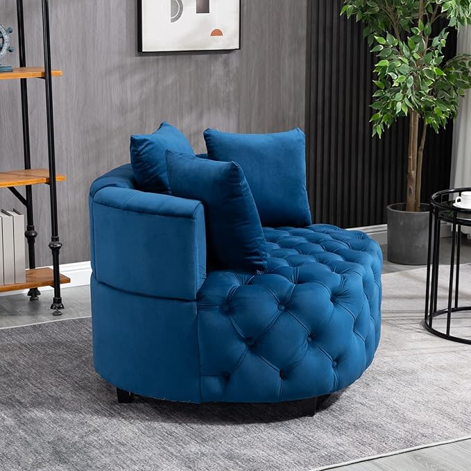 Velvet Accent Chair Tufted Upholstered Barrel Chair Lounge Chair with 3 Movable Pillows and Solid Wood Legs Oversized Round Sofa Chair Reading Chair for Living Room Bedroom Hotel Office Blue