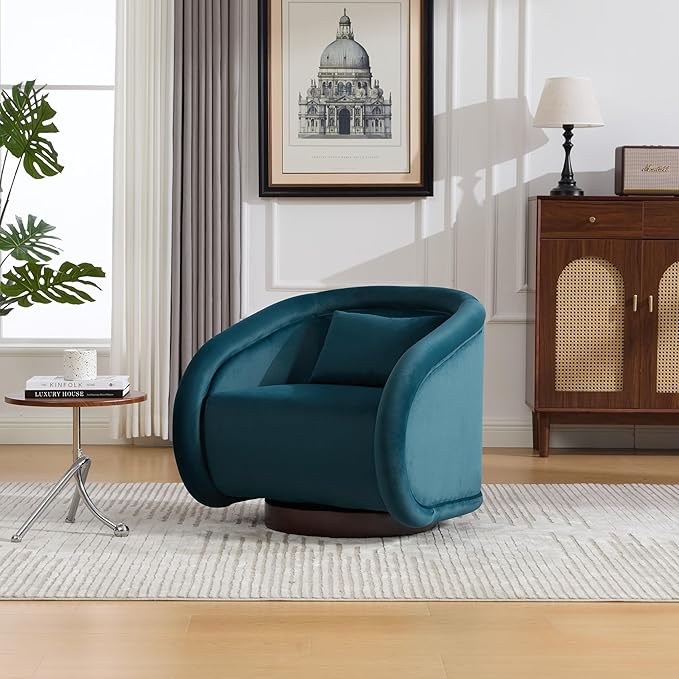 Swivel Accent Chair 360-Degree Rotating Barrel Chair with Soft Velvet Upholstery Comfy Pumpkin-Shaped Lounge Chair for Living Room Bedroom Office (Teal)