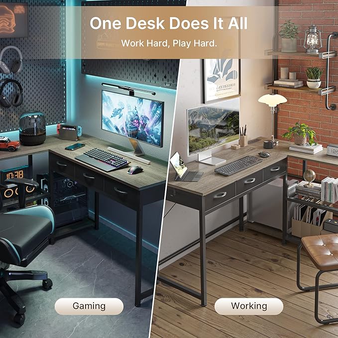Gizoon 53 Inch L Shaped Computer Desk with Drawers Corner Desk with Power Outlets &amp Reversible Storage Shelves with CPU Stand and 2 Hooks for Home Office Gaming (Grey)