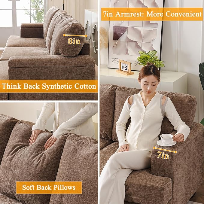 85'' L Shaped Couch with Armrest Organizer3 Seats Sofas with Movable OttomanComfy Sectional Sofa with Thick CushionChenille Sectional Couches for Living RoomBedroomApartmentHome FurnitureBrown