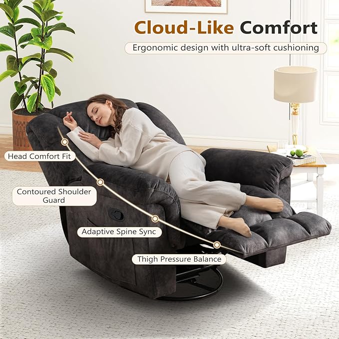 ANJ Rocking Recliner Chair Oversized Swivel Rocker Recliners Comfy Glider Rocking Chairs for Big Man Extra Wide Recliners Overstuffed Reclining Chair for Living Room Grey