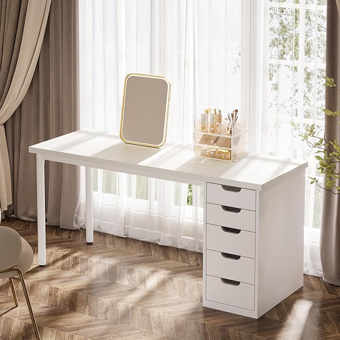 Tribesigns Modern Simple Computer Desk 47 Inches PC Desk with 5 Reversible Drawers Rustic Brown Study Writing Table Workstation for Home Office Small Spaces (All White)