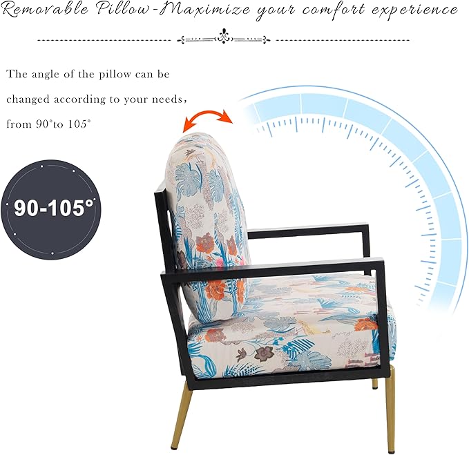 Velvet Accent Armchair with Gold Metal Legs &amp Rubberwood Frame Wide Armrest Lounge Chair with Pillow Back Sofa Chair with Retro Low Back Floral Print Design for Living Room &amp Balcony Blue F