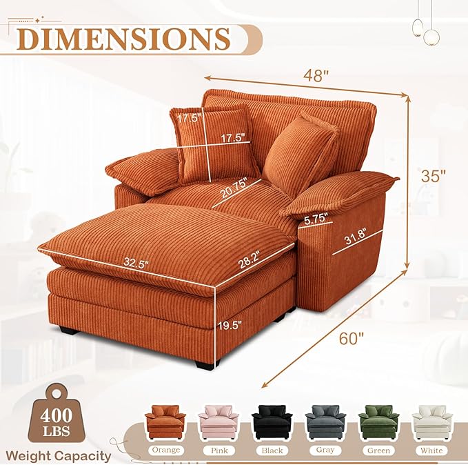 48 W Oversized Chaise Lounge Chair Indoor with Ottoman Upholstered Cloud Accent Chair with Extra Wide Armrests Comfy Green Corduroy Sleeper Chair for Living Room Bedroom Reading (Orange)