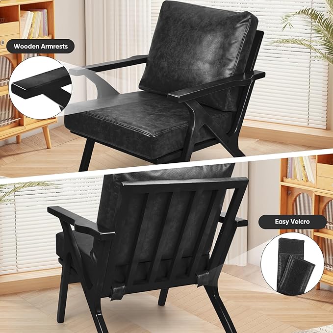 Mid-Century Modern Accent Chairs with 1 pcs Ottoman PU Leather Fabric Thicker Upholstered Armchair for Bedroom Living Room Black