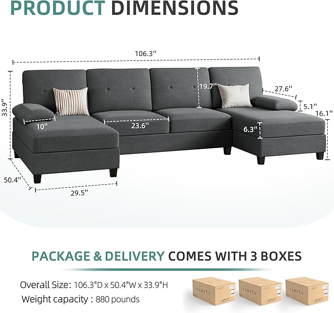 JAMFLY Sectional Sofa Couches for Living Room U Shaped Sofa Living Room Furniture Sets 4 Seat Modular Sectional Couch with Chaise Black Grey