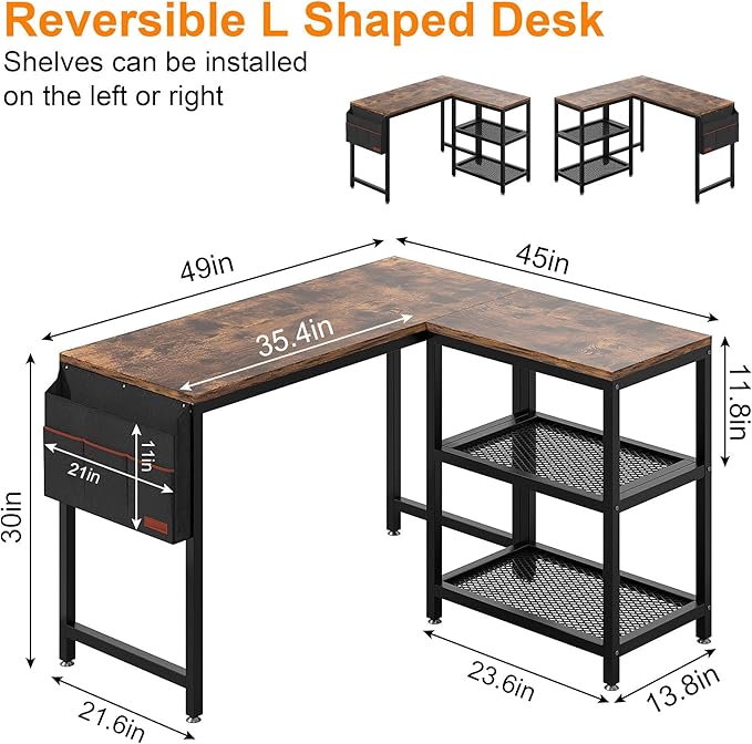 VECELO L Shaped Desk 49 Inch Computer Gaming Study Writing Table Home Office Workstation with Storage Shelves &amp Bag