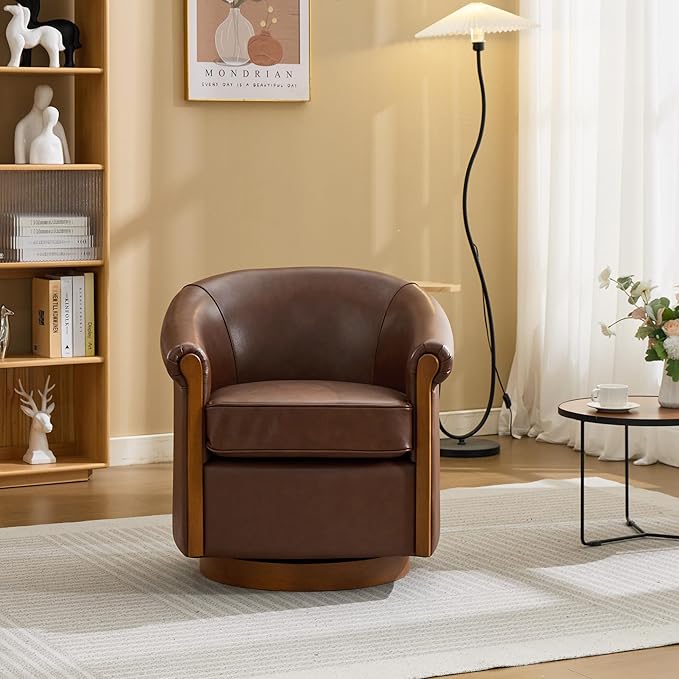 Genuine Leather Seat Swivel Barrel Chair Accent Chair with PVC Exterio &amp Wood Base - Upholstered Lounge Chair for Living Room Home Office Bedroom (Brown)
