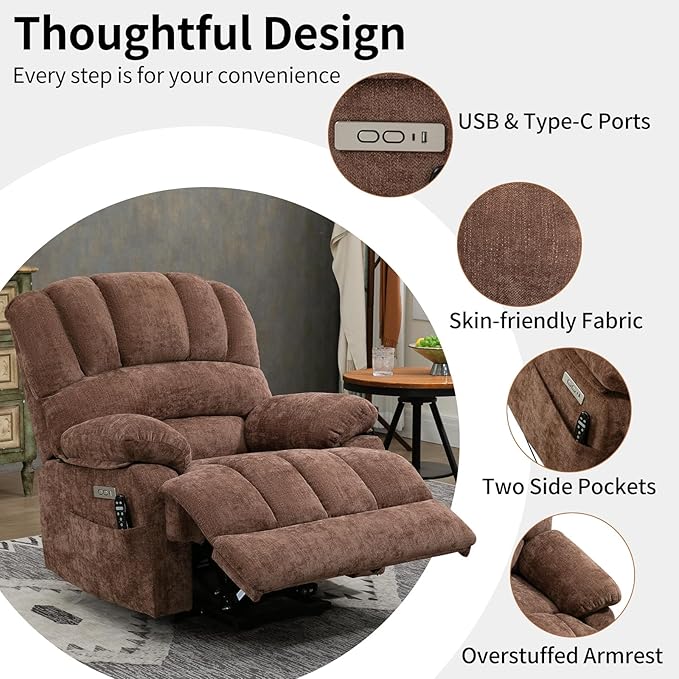 Power Recliner with Vibration Massage &amp Lumbar Heat Electric Lift Chairs for Elderly High Back Reclining Max 155 Degree with Charging Ports Chenille Fabric Brown