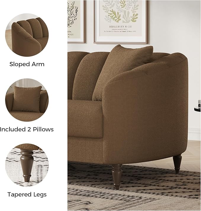 82 Inch Loveseat Sofa Modern Couch and Sofa Curved Petal Design Furniture Sturdy and Easy Installation Small Sofa for Living Room Bedroom Office and Apartment Terry Fleece Fabric Brown