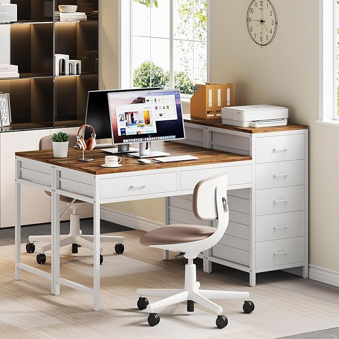 Computer Desk with Reversible Drawer 55 inch Home Office Desks with 7 Drawers Modern Compact Study Writing Table Workstation with Storage for Small Spaces Light Brown and White