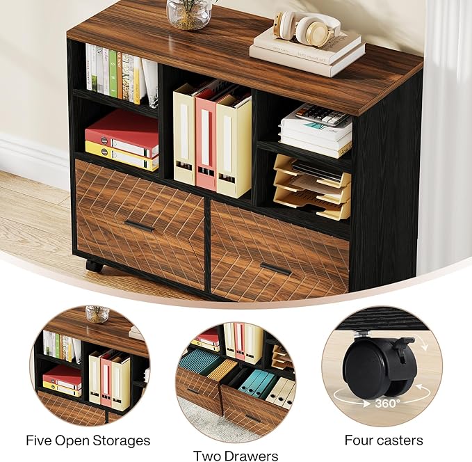 Tribesigns L-Shaped Executive Desk with Reversible File Cabinet 63 Office Desk with Storage Drawers L-Shaped Computer Desk with Drawer Cabinet for Hanging Letter Size Files (Brown+Black)