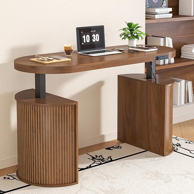 Mid Century Modern Electric Standing Desk with Storage 55 x 22 Inch Small Sit Stand Up Desk Wood Adjustable Height Computer Executive Desk for Home Office Laptop Walnut