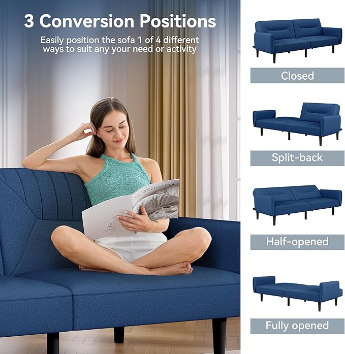 Futon Sofa Bed75.8 Linen Fabric Comfy Futon Couch Bed3 Seater Convertible Sleeper Sofa with Adjustable BackrestsModern Folding Loveseat for Living RoomOfficeApartmentBedroomBlue