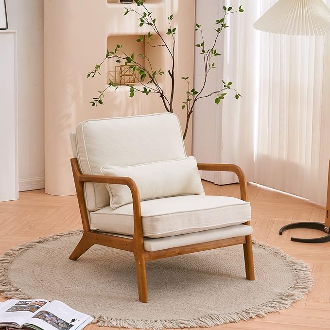 Living Room Chairs Living Room Furniture Leisure Chair Armrest Oak Upholstered Single Modern Accent Sofa Off-White Comfy Chair for Living Room Bedroom Studio Restaurants Cafes etc