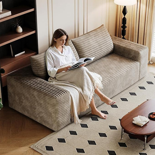 63-inch Boneless Loveseat Sofa Cloud Corduroy Floor Compressed Deep Seat Lounge Sofa Couch in A Box Comfy Fluffy Modern Plush Memory Foam No Assembly Couch for Living Room Bedroom Office Camel