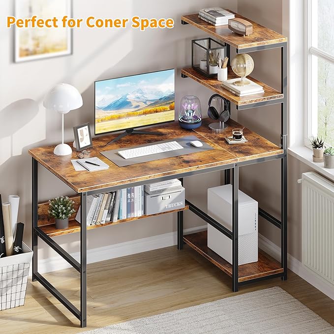 ALISENED 47 Inch Computer Desk with 4-Tier Storage Shelves Modern Large Office Desk Computer Table Studying Writing Desk Workstation with Bookshelf and Tower Shelf for Home Office