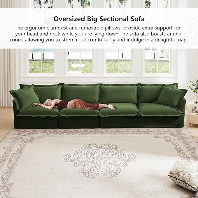 Aoowow Oversized Modular Sectional Sofa156.6” U-shaped Comfy 4-Seat Sofa Couch with Movable Ottoman Upholstered Deep Seat Couches with Big Toss Pillows for Living Room Apartment OfficeGreen-Chenille