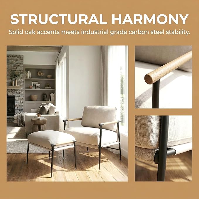 DUOMAY Mid Century Modern Accent Chair with Ottoman Set Chenille Beige Upholstered Living Room Chair with Metal Legs Lazy Lounge Chair Set with Footrest for Bedroom Living Room